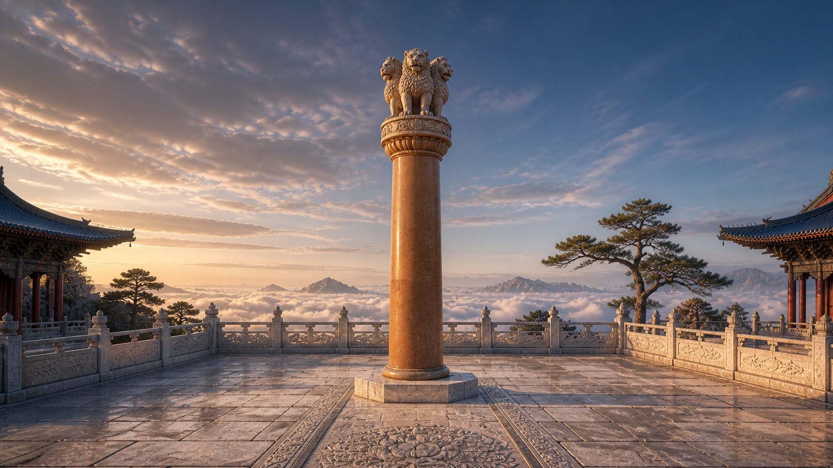 An Ashoka pillar above a sea of clouds: four lions at its capital, a balustraded terrace, morning light breaking over the cloud line