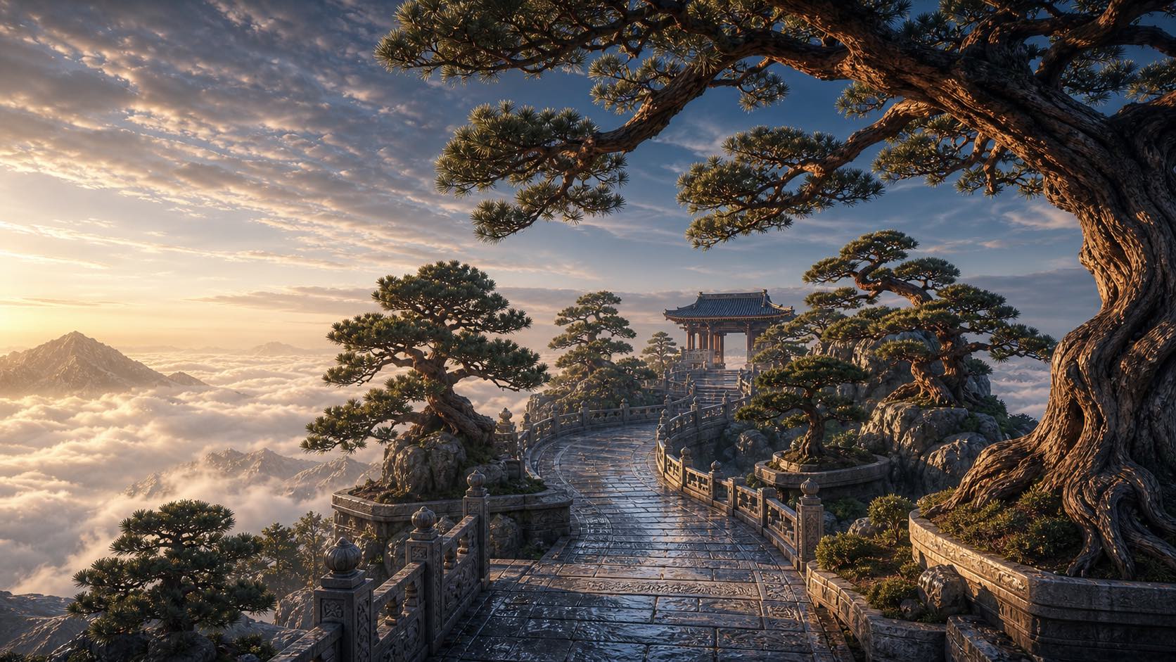 A stone walk above the clouds: ancient pines on either side, a white balustrade winding toward a small pavilion
