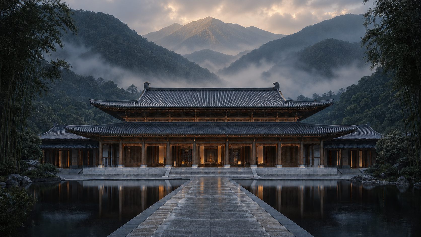 The Great Hero Hall from outside: a stone causeway crosses the water to its steps, lamplight from within on the pond, mist-wrapped mountains all around