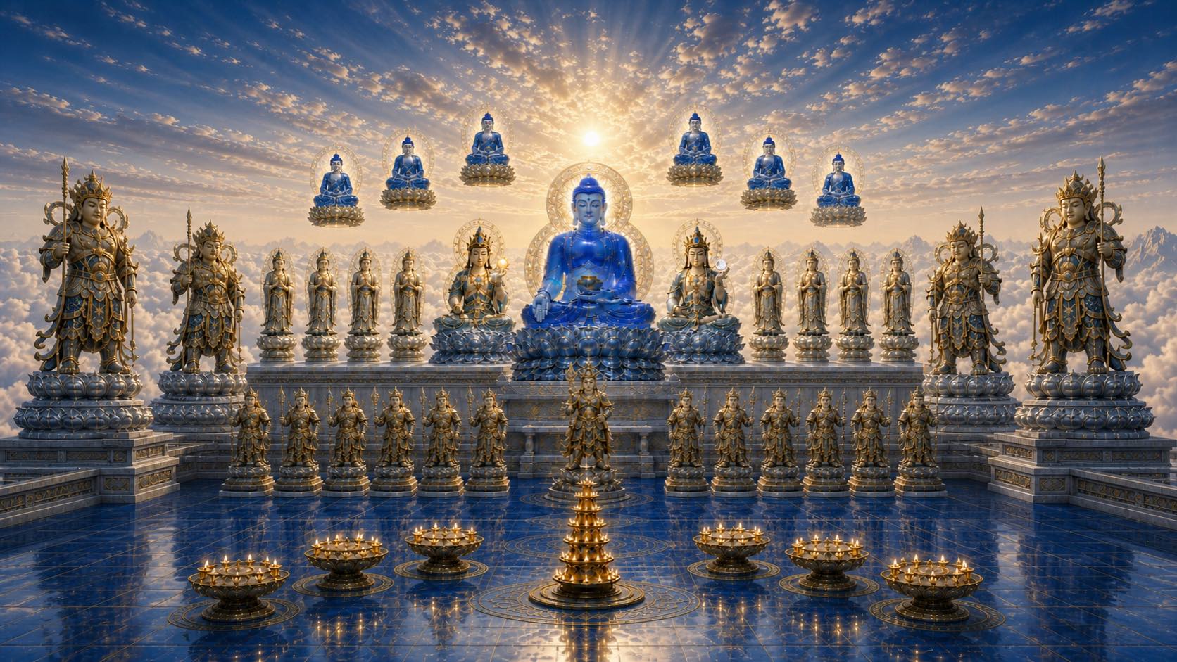 The Medicine Buddha's celestial assembly above a sea of clouds: the lapis-blue Medicine Buddha seated at the center, seven Buddhas in the sunlit sky above, Bodhisattvas, the twelve Yaksa Generals and the four Heavenly Kings in attendance, seven lamp assemblies aflame on the lapis floor before the altar
