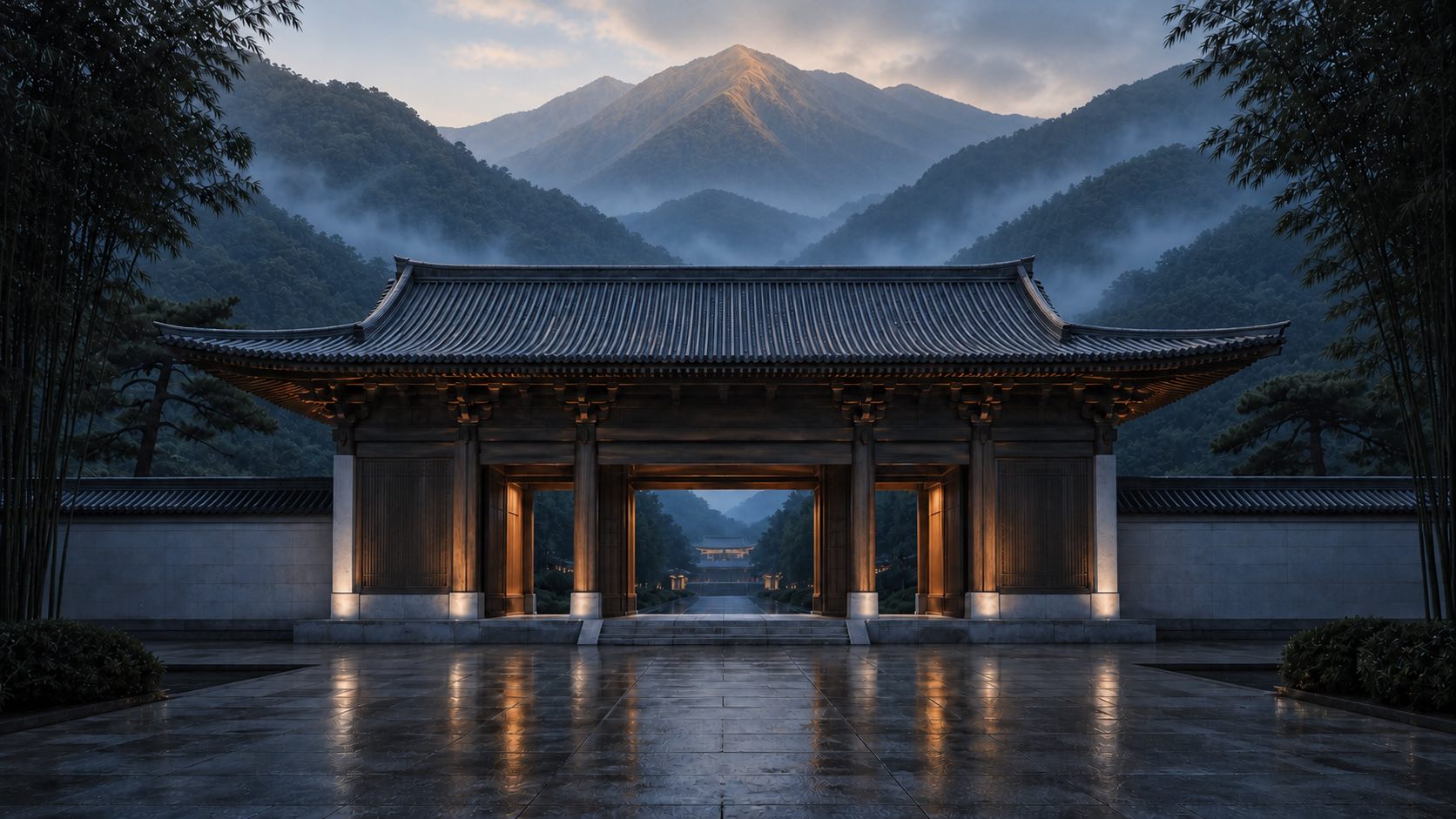 The mountain gate at blue hour: a timber gatehouse on a wet stone forecourt, lamplight through its doors, a last warm light on the far peak