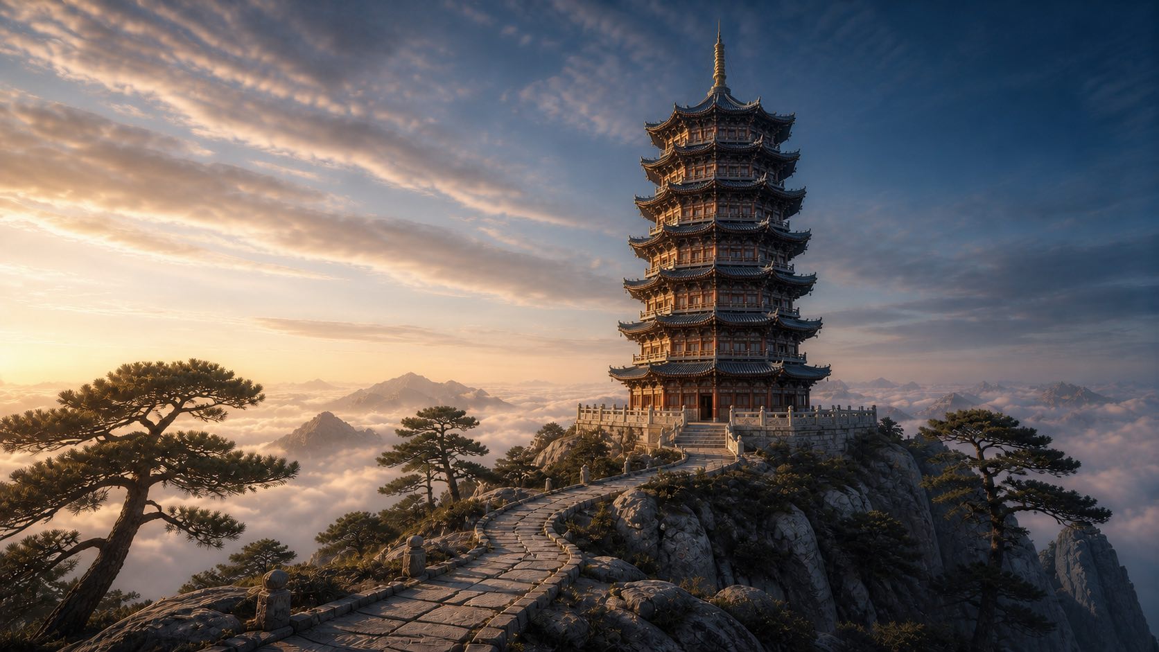 雲海中的寶塔：層層塔身立於松間山巔，石徑自前景引向塔下