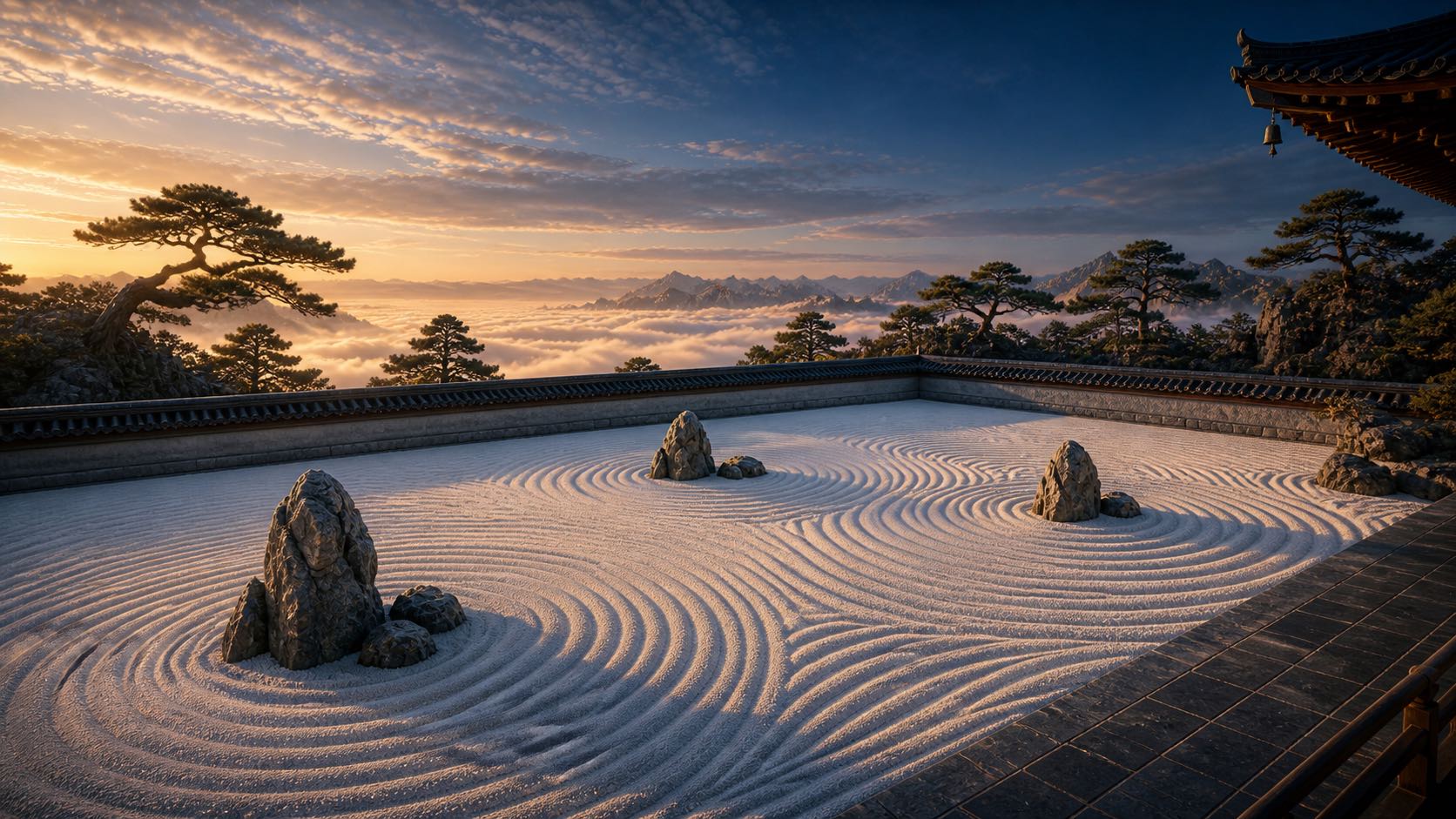 A karesansui court above the clouds: white sand raked in concentric ripples, three stones for islands, pines low on the horizon