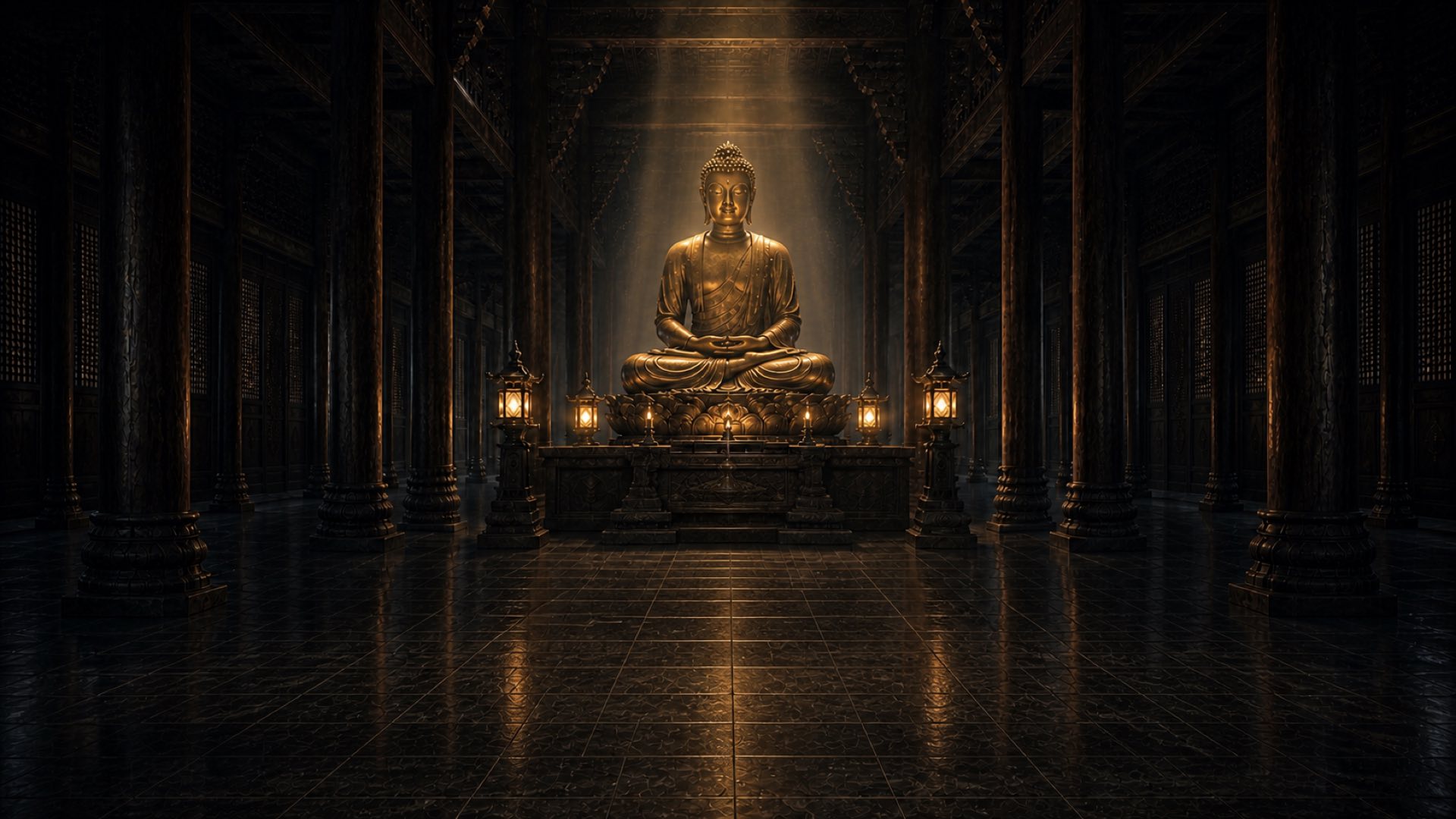 Inside the Mahavira Hall, one gilt seated Buddha with hands joined in dhyana mudra, timber columns enclosing the space