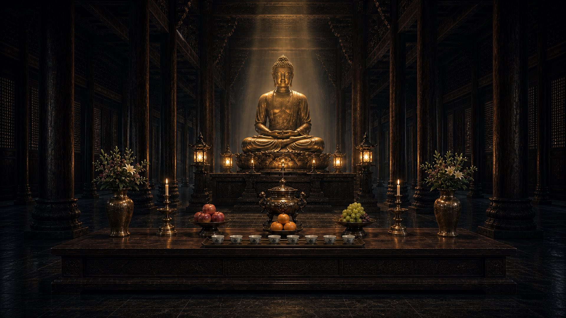 The offering hall: one censer, two candles, two vases, three fruit plates, eight tea cups in amber lamplight